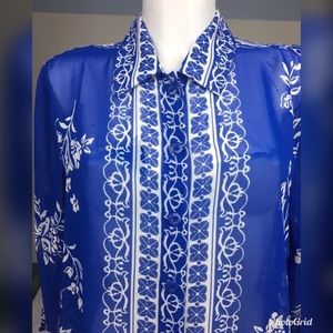 Drapers & Damons  Blue /white Sheer Top